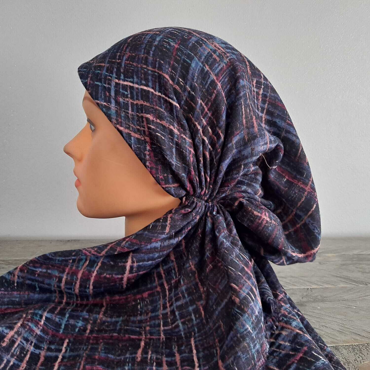 Blue pink lines patterned  - soft fringes pretied tichel