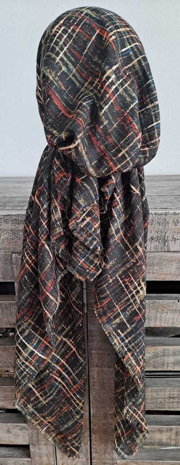 Black/orange/blue lines patterned  - soft fringes pretied tichel