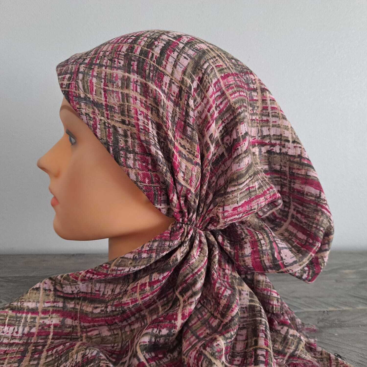 Light pink - lines (#2) patterned  - soft fringes pretied tichel