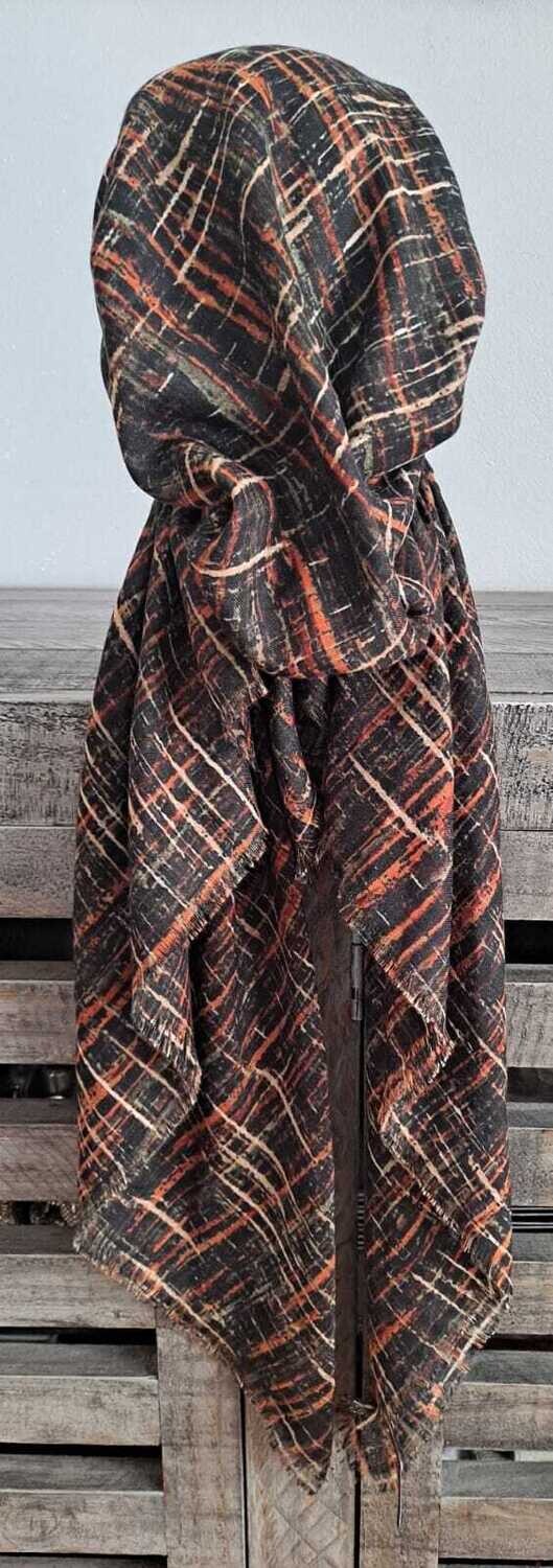 Black/orange/green lines patterned  - soft fringes pretied tichel