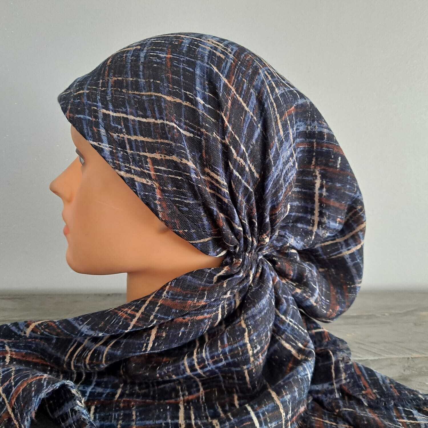 Blue orange lines patterned  - soft fringes pretied tichel