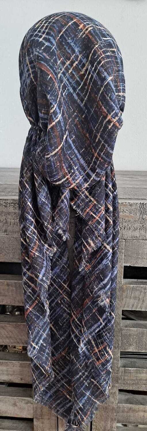 Blue orange lines patterned  - soft fringes pretied tichel