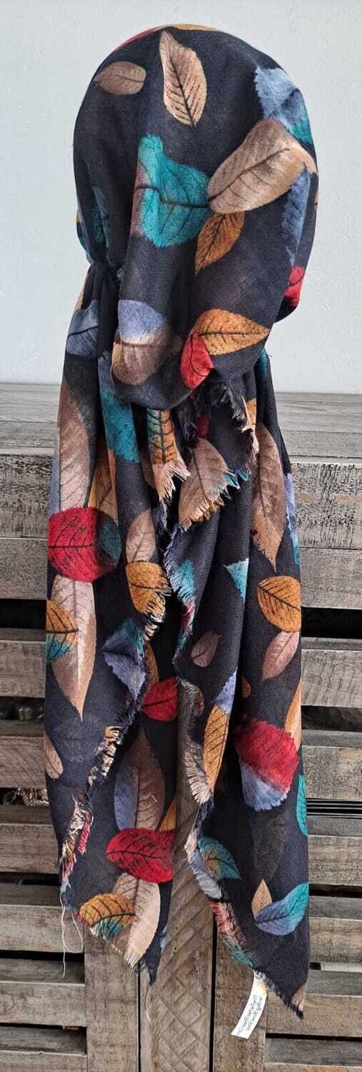 Navy colored leaves - soft fringes pretied tichel