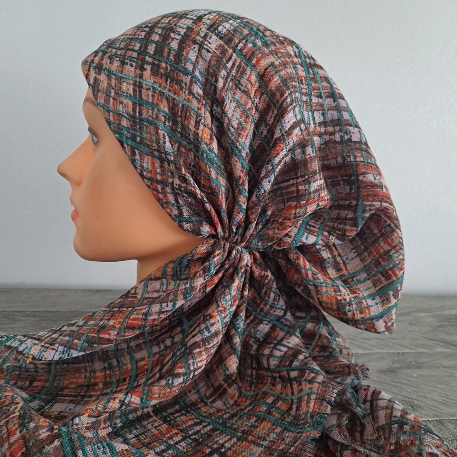 Mauve - lines (#2) patterned  - soft fringes pretied tichel