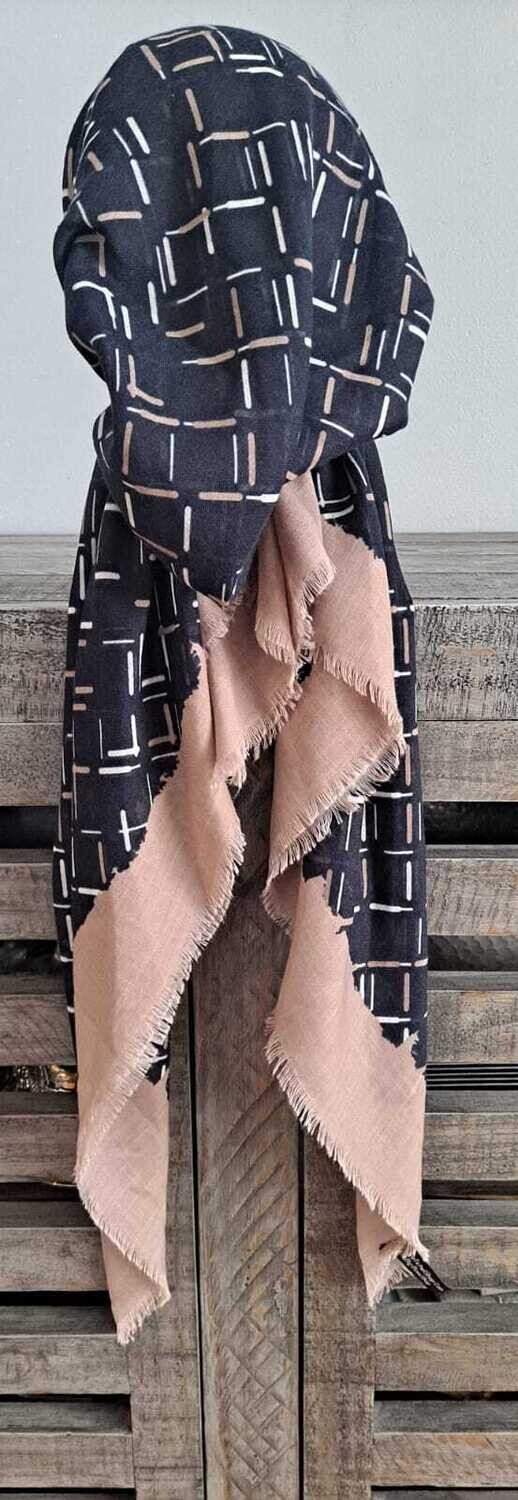 Dark navy/tan squares  - soft fringes pretied tichel