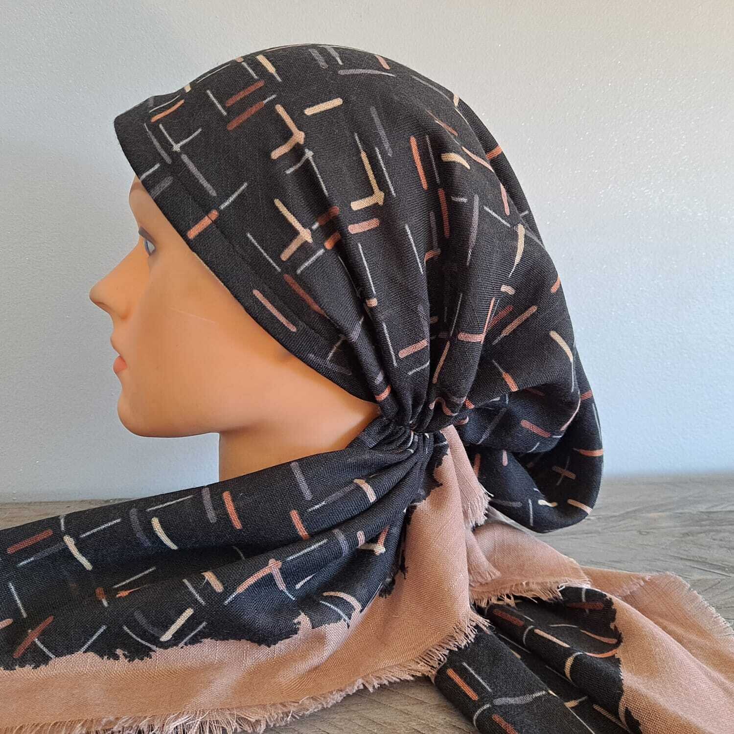 Black/tan squares  - soft fringes pretied tichel