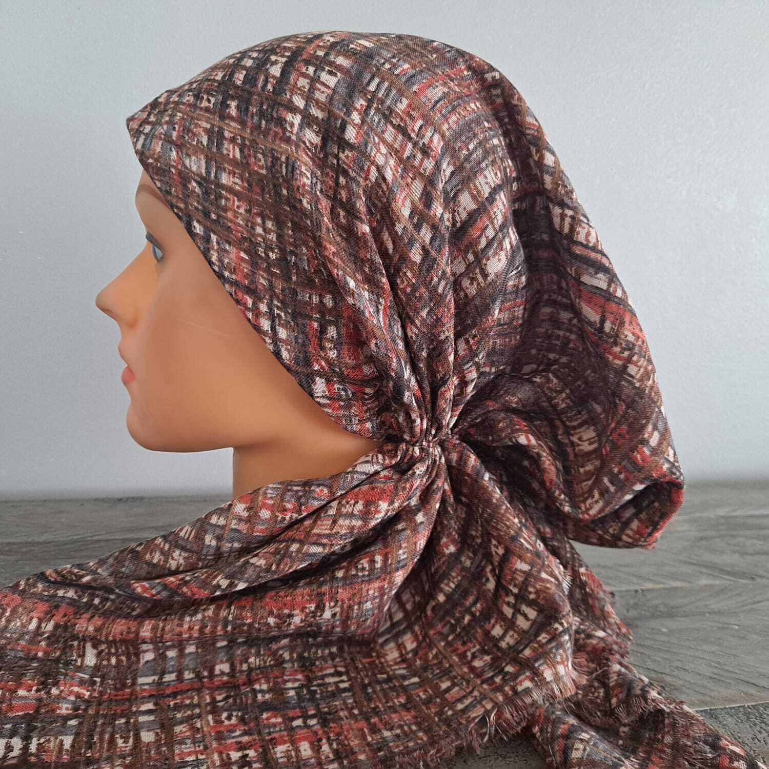 Tan - lines (#2) patterned  - soft fringes pretied tichel