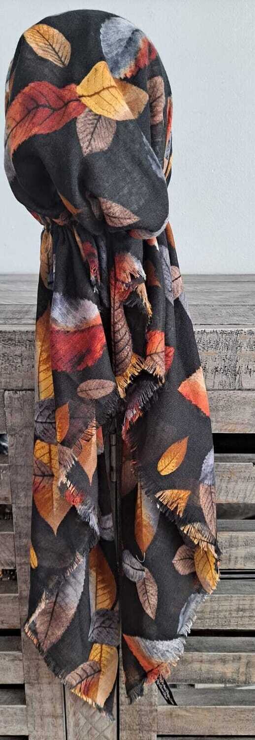 Black/orange colored leaves - soft fringes pretied tichel