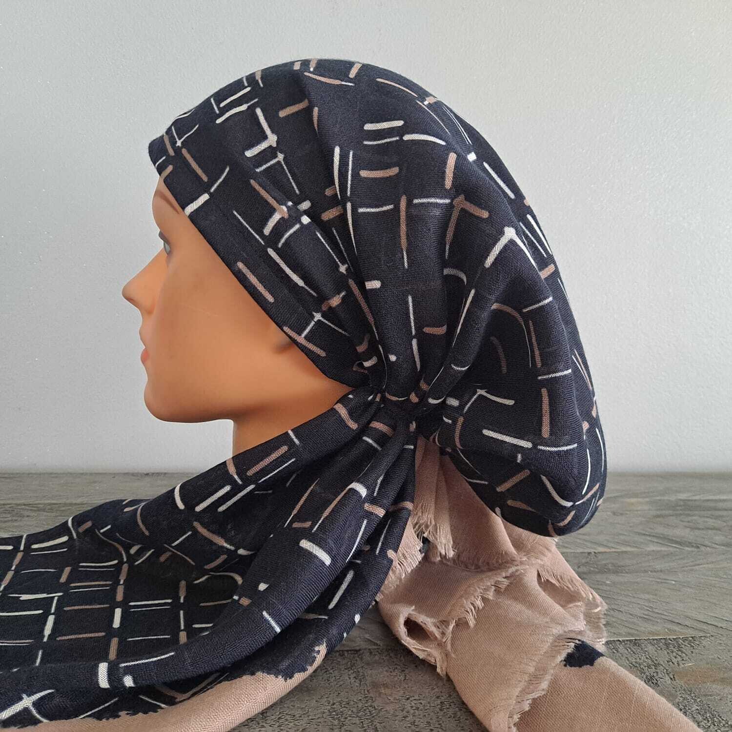Dark navy/tan squares  - soft fringes pretied tichel