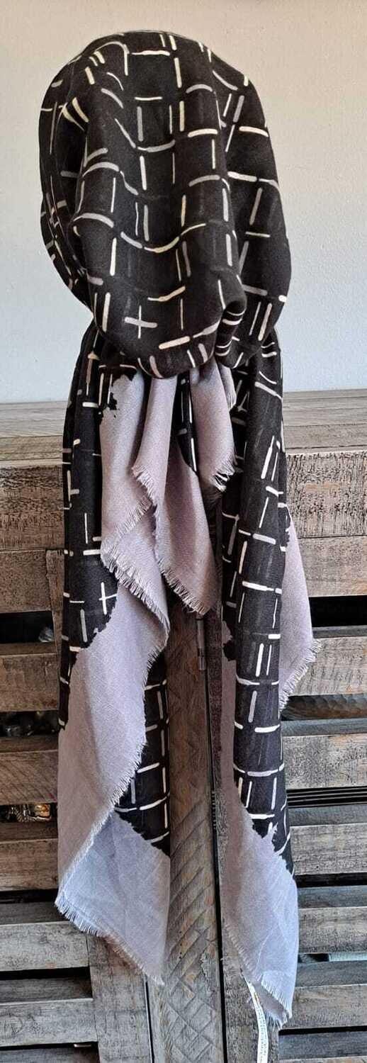Black/gray squares  - soft fringes pretied tichel