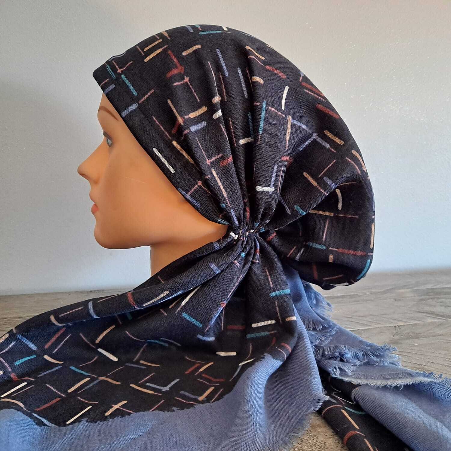 Navy/denim squares  - soft fringes pretied tichel