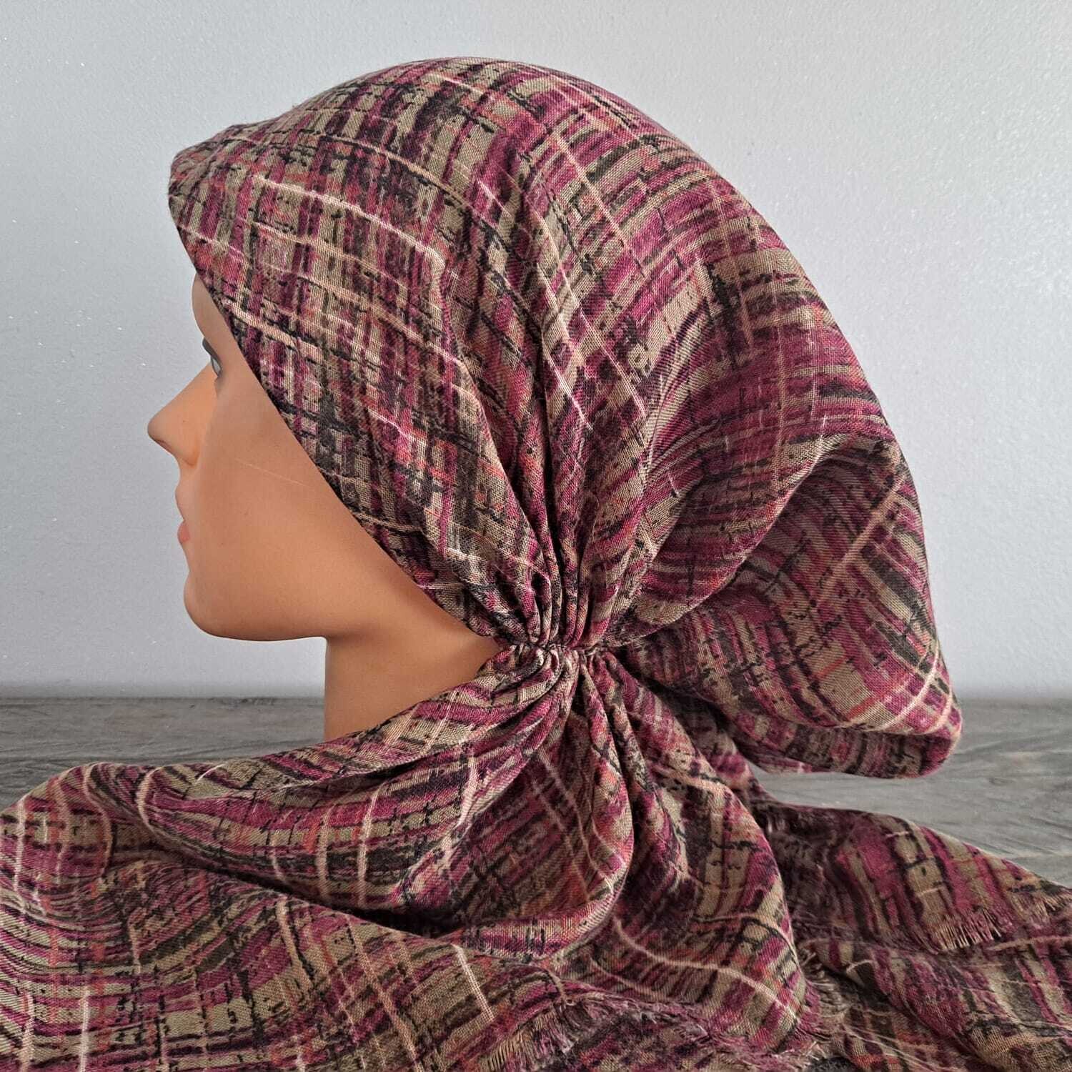 Olive - lines (#2) patterned  - soft fringes pretied tichel