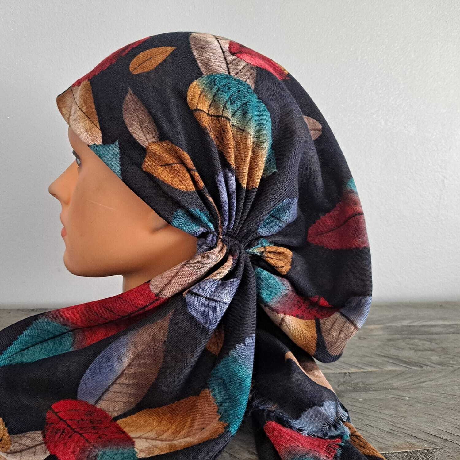 Navy colored leaves - soft fringes pretied tichel
