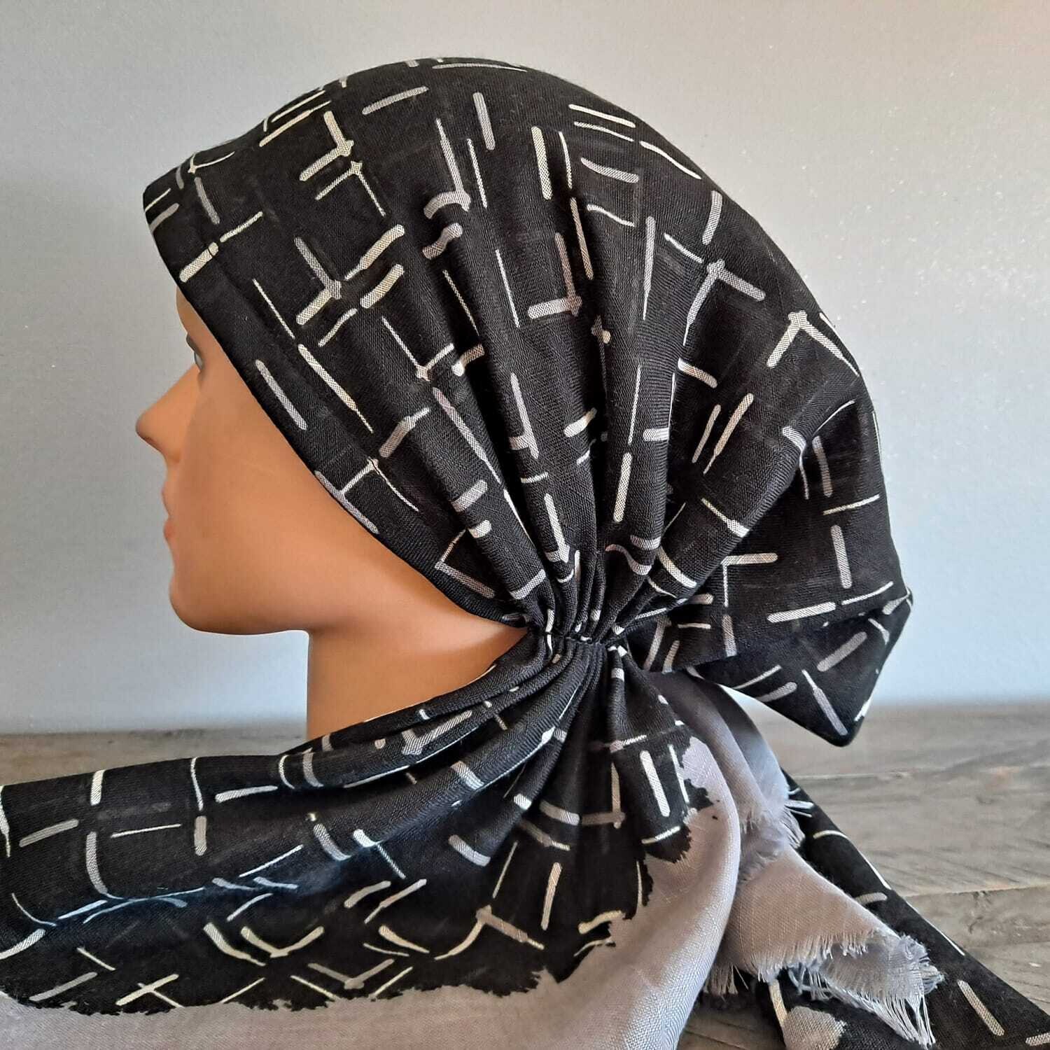 Black/gray squares  - soft fringes pretied tichel