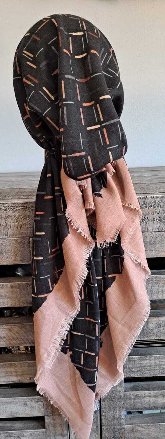 Black/tan squares  - soft fringes pretied tichel
