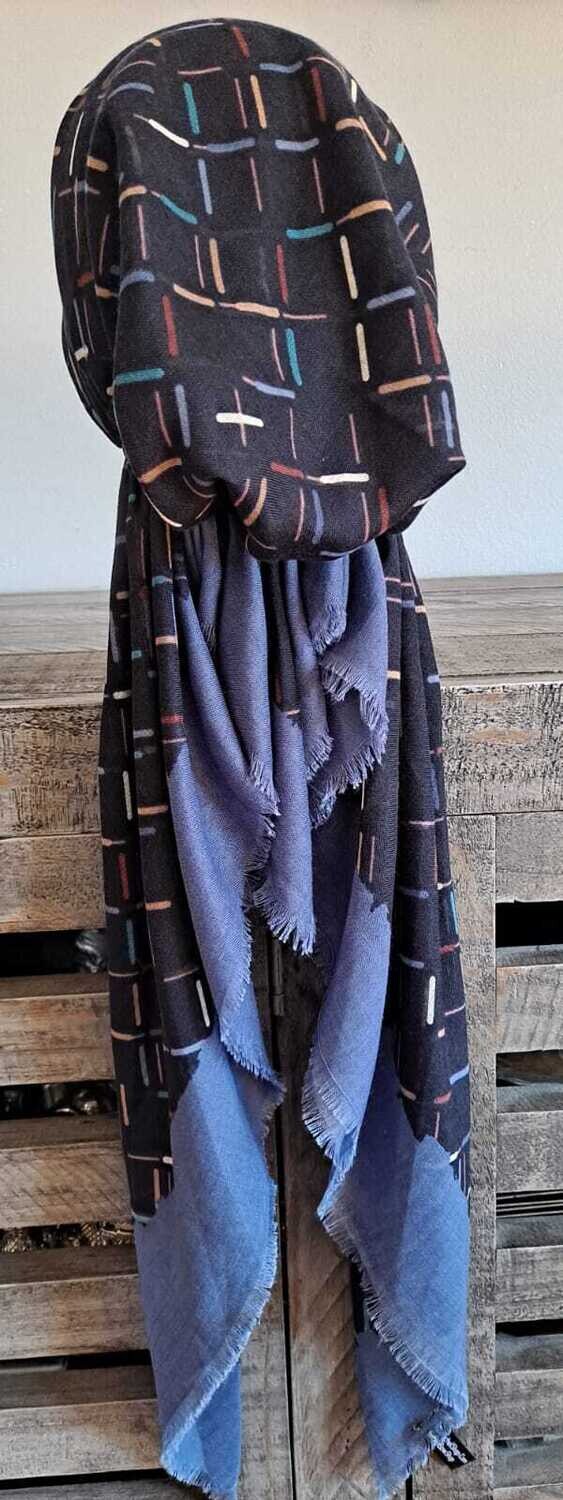 Navy/denim squares  - soft fringes pretied tichel