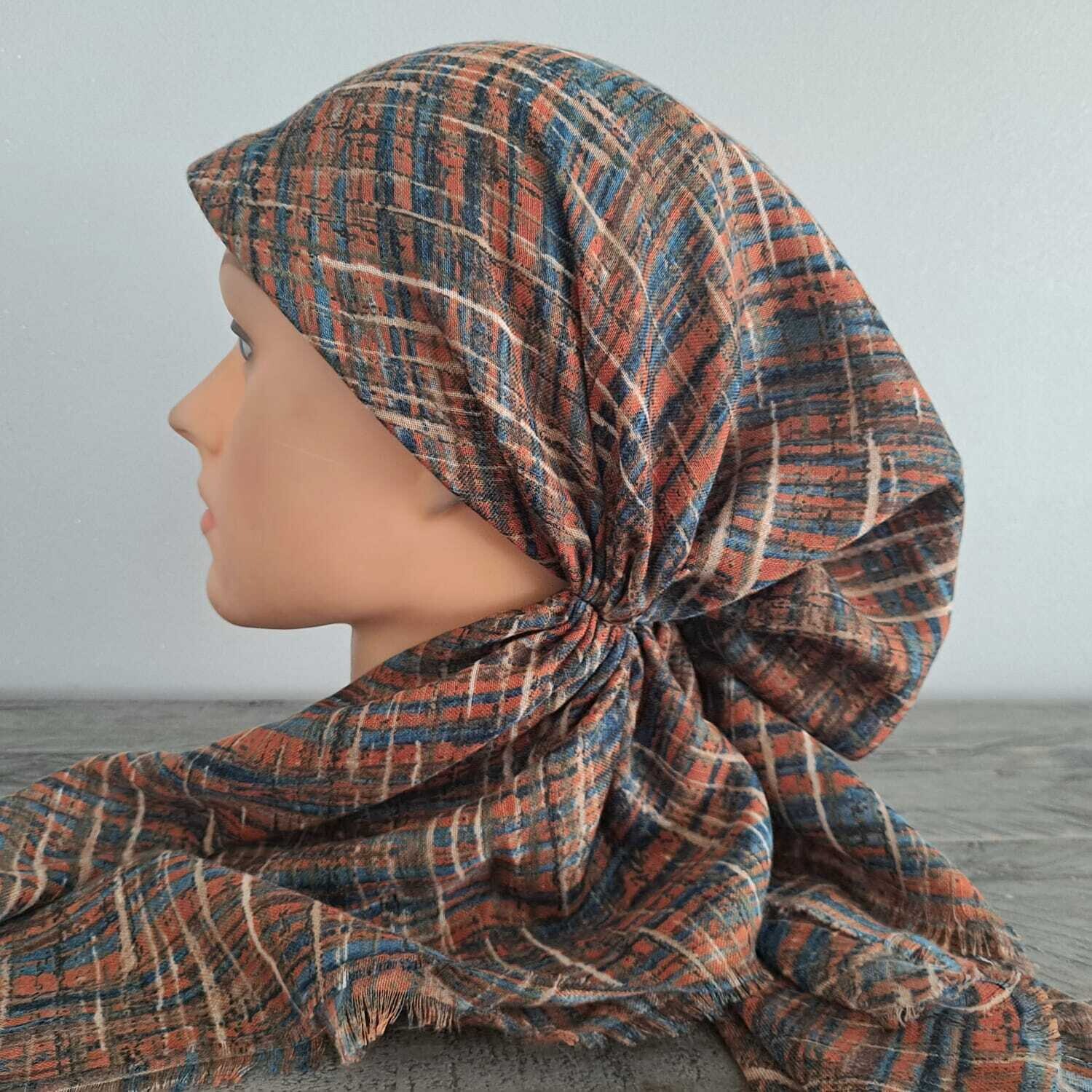 Orange - lines (#2) patterned  - soft fringes pretied tichel