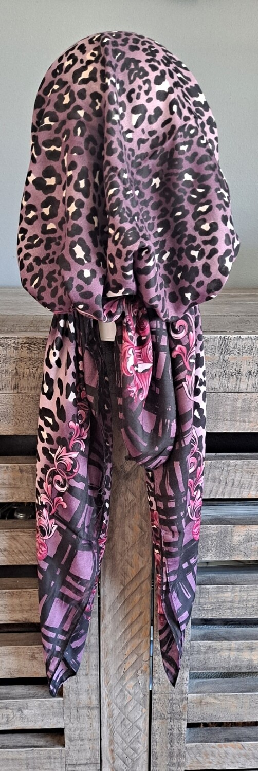 Purple leopard Turkish Tichel w/band sewn in