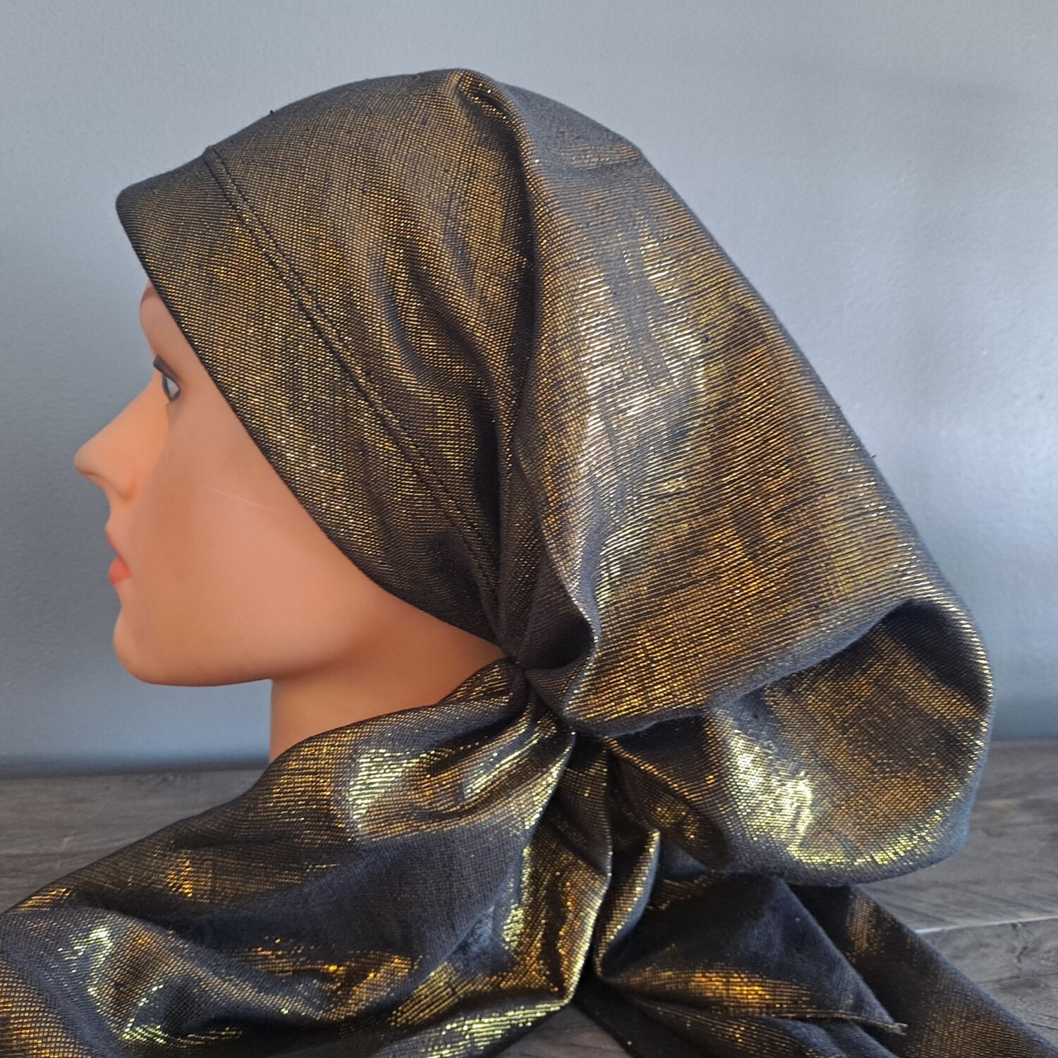 Black solid shimmer pretied tichel - gold shimmer w/band sewn in
