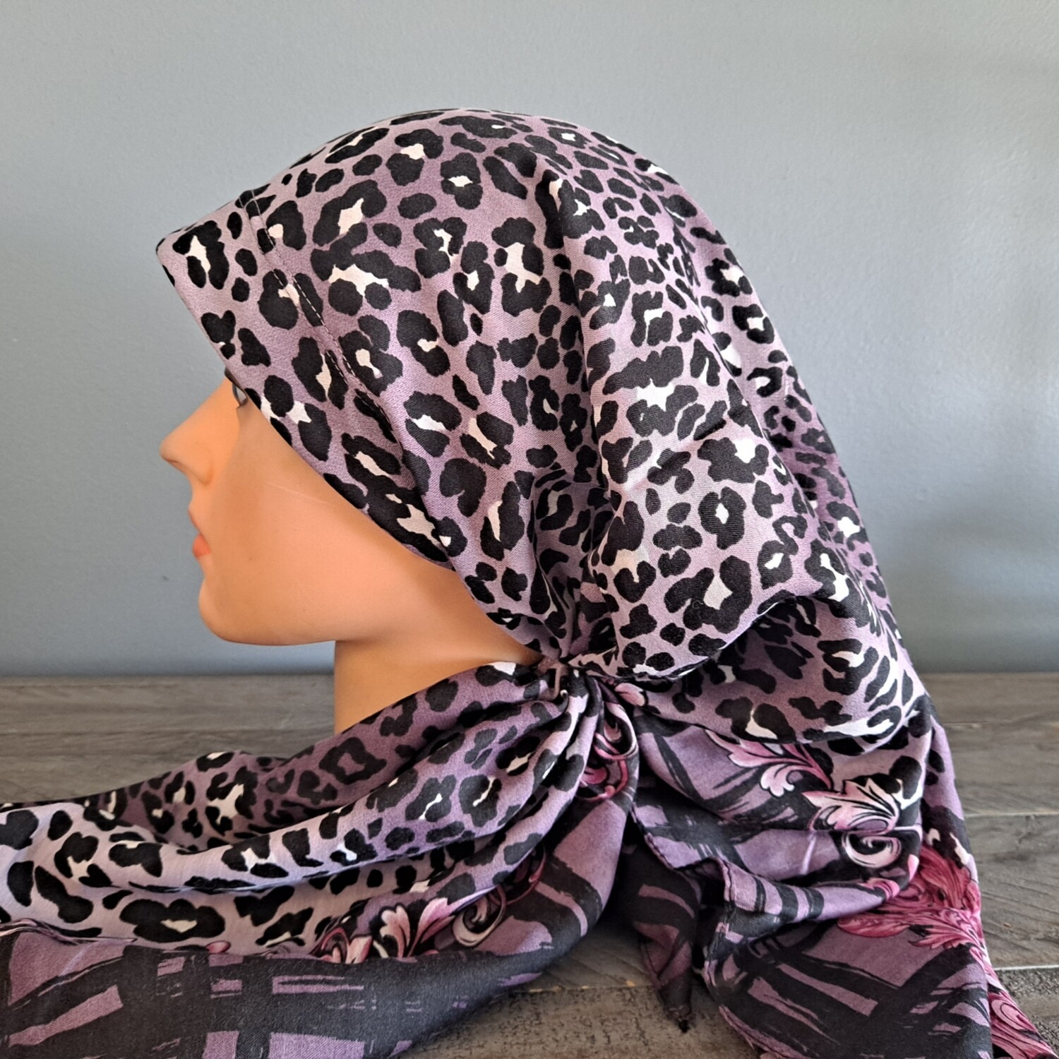 Purple leopard long back pre-tied kerchief w/band sewn in  -Turkish thin material