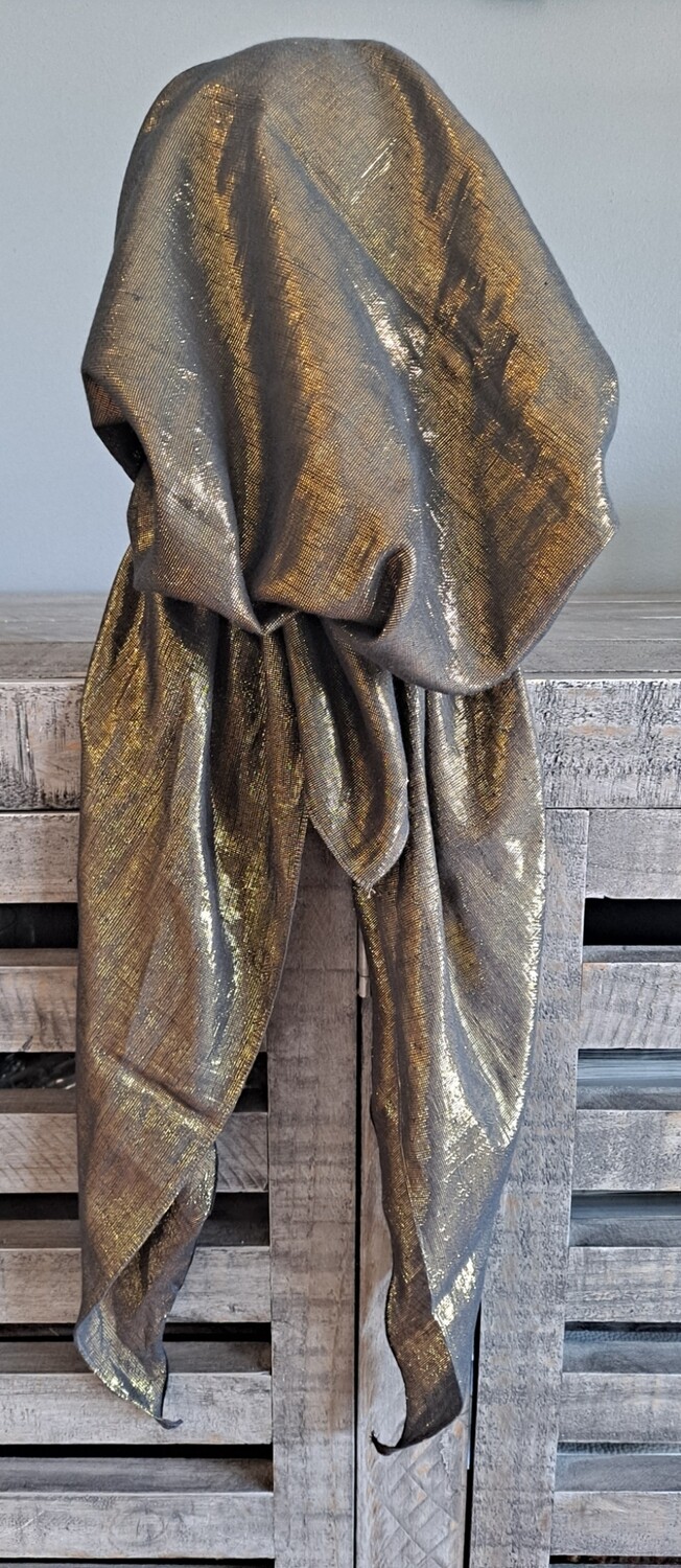 Black solid shimmer pretied tichel - gold shimmer w/band sewn in