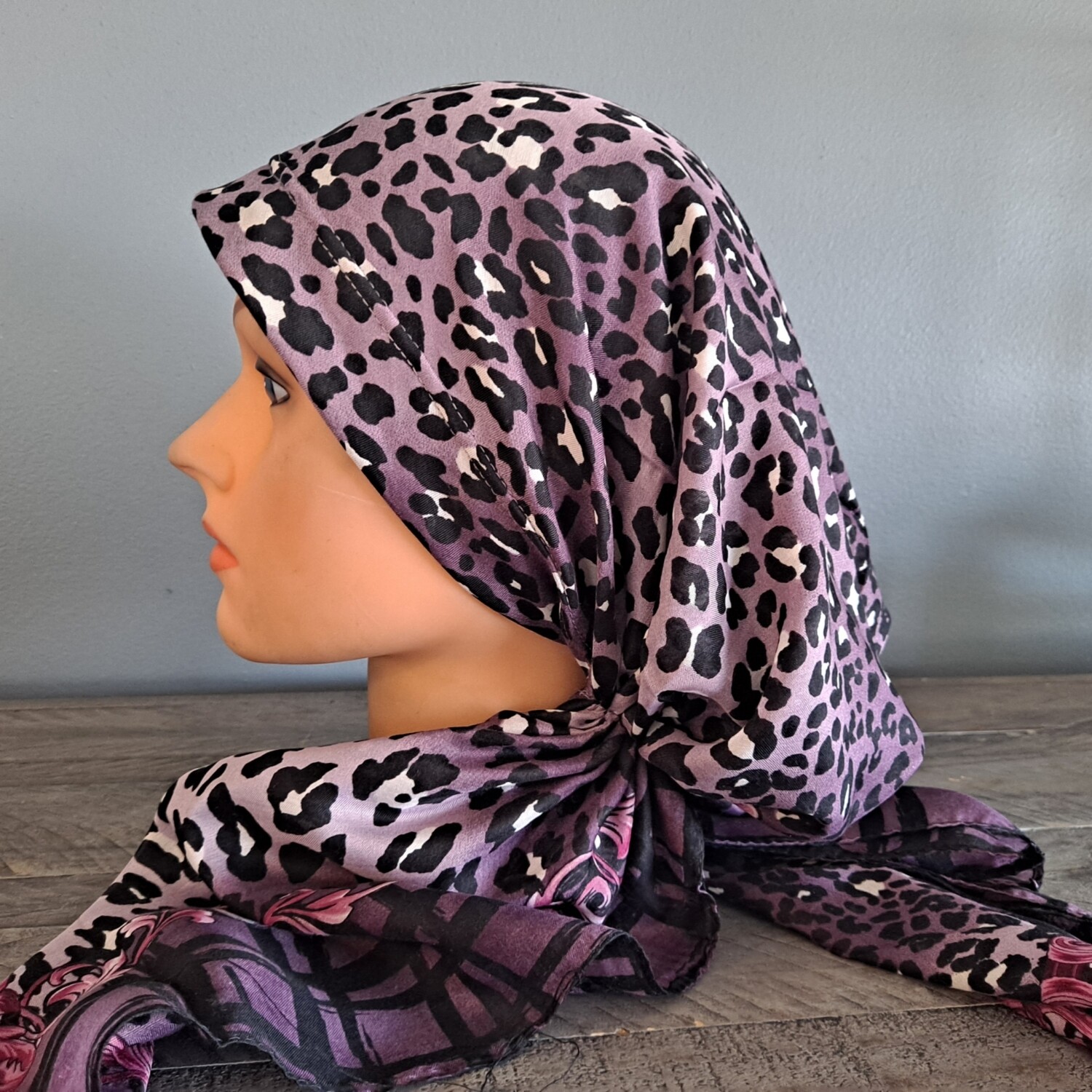 Purple leopard Turkish Tichel w/band sewn in