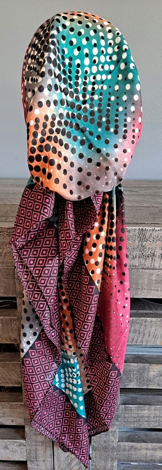 Black/burgundy - multicolored Turkish pretied tichel w/band sewn in (BBS)