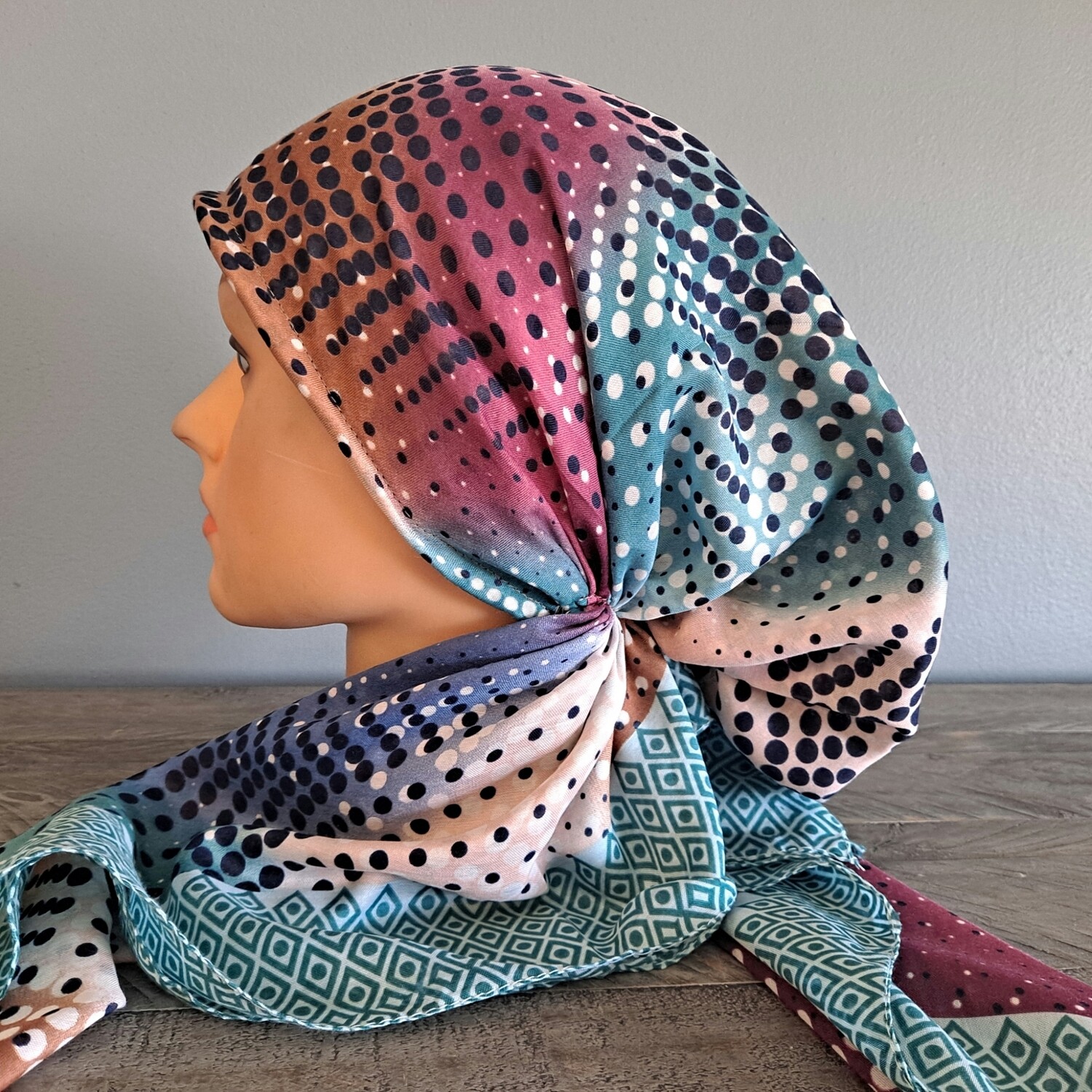 Green - multicolored Turkish pretied tichel w/band sewn in (BBS)
