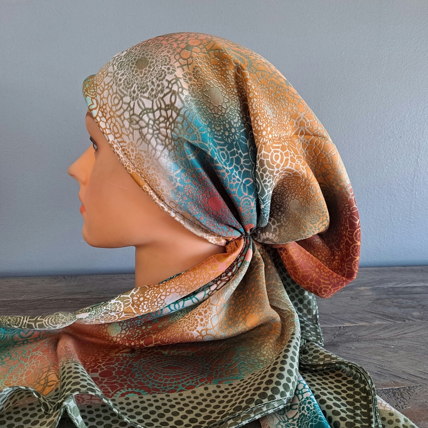 Olive - dotted Turkish pretied tichel w/band sewn in (BBS)
