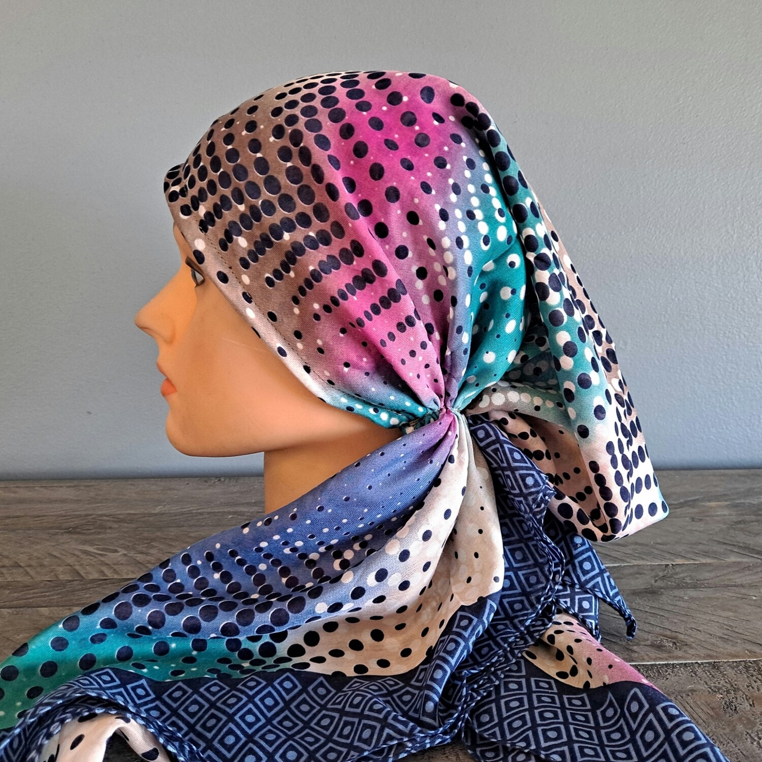 Navy/blue - multicolored Turkish pretied tichel w/band sewn in (BBS)