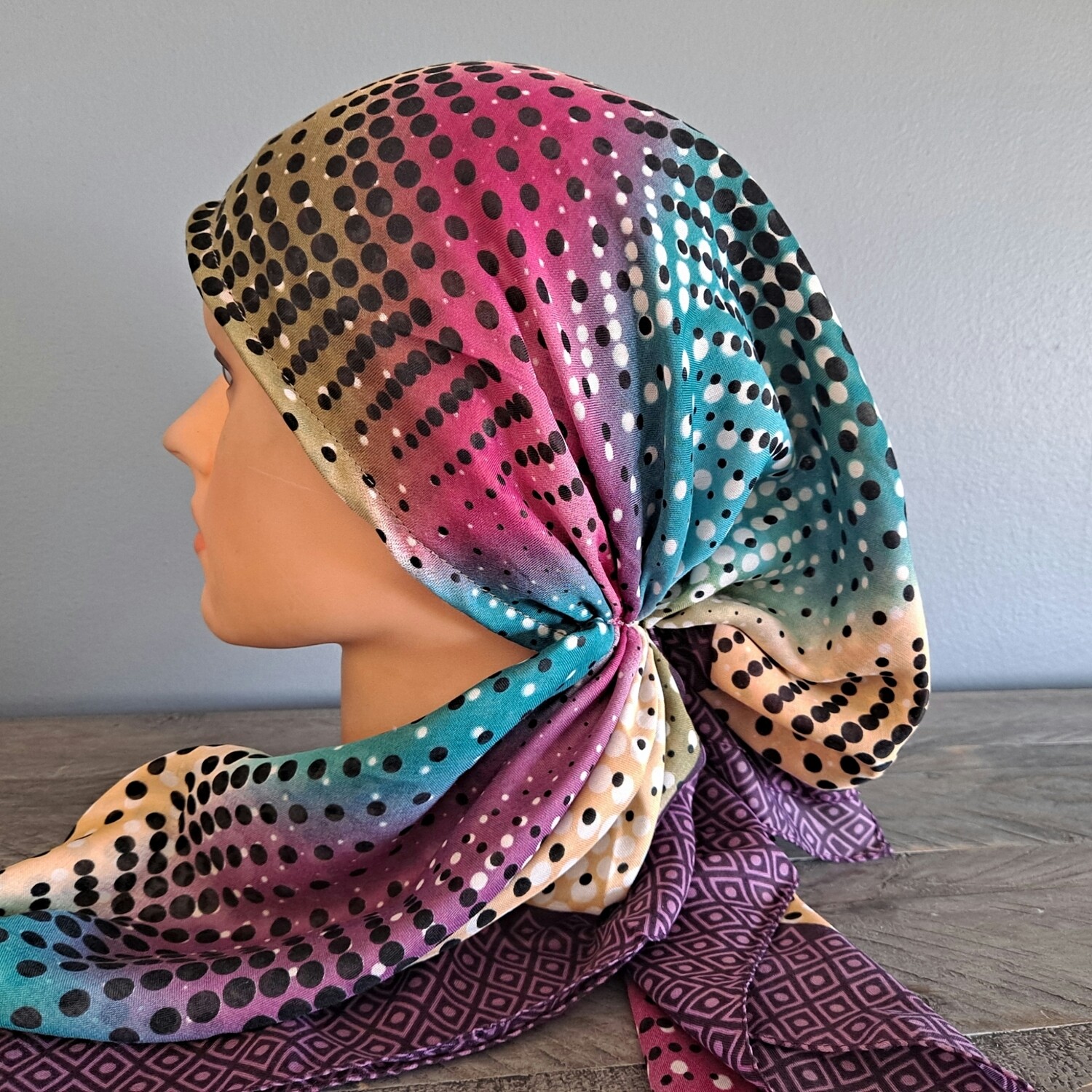 Purple - multicolored Turkish pretied tichel w/band sewn in (BBS)