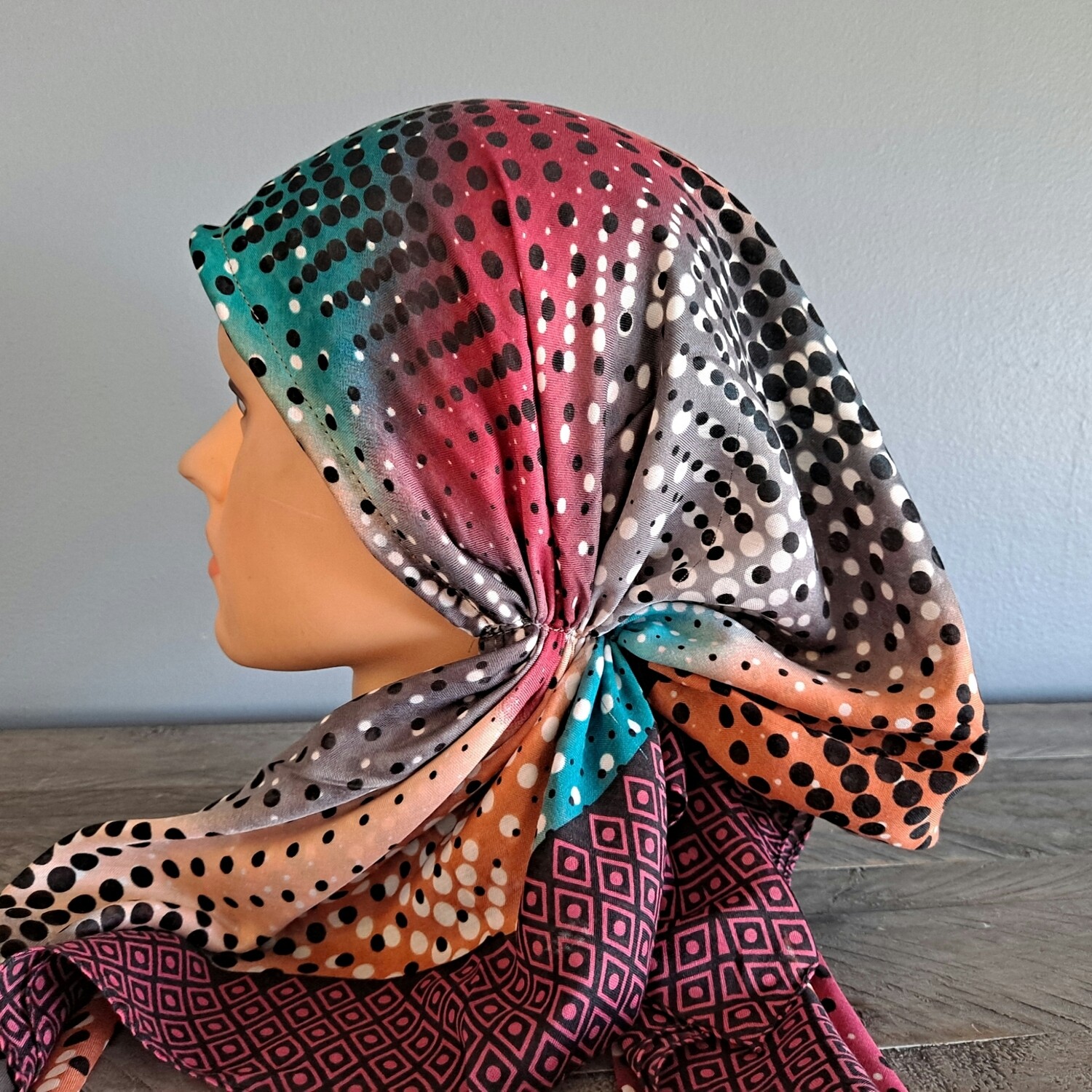 Black/burgundy - multicolored Turkish pretied tichel w/band sewn in (BBS)