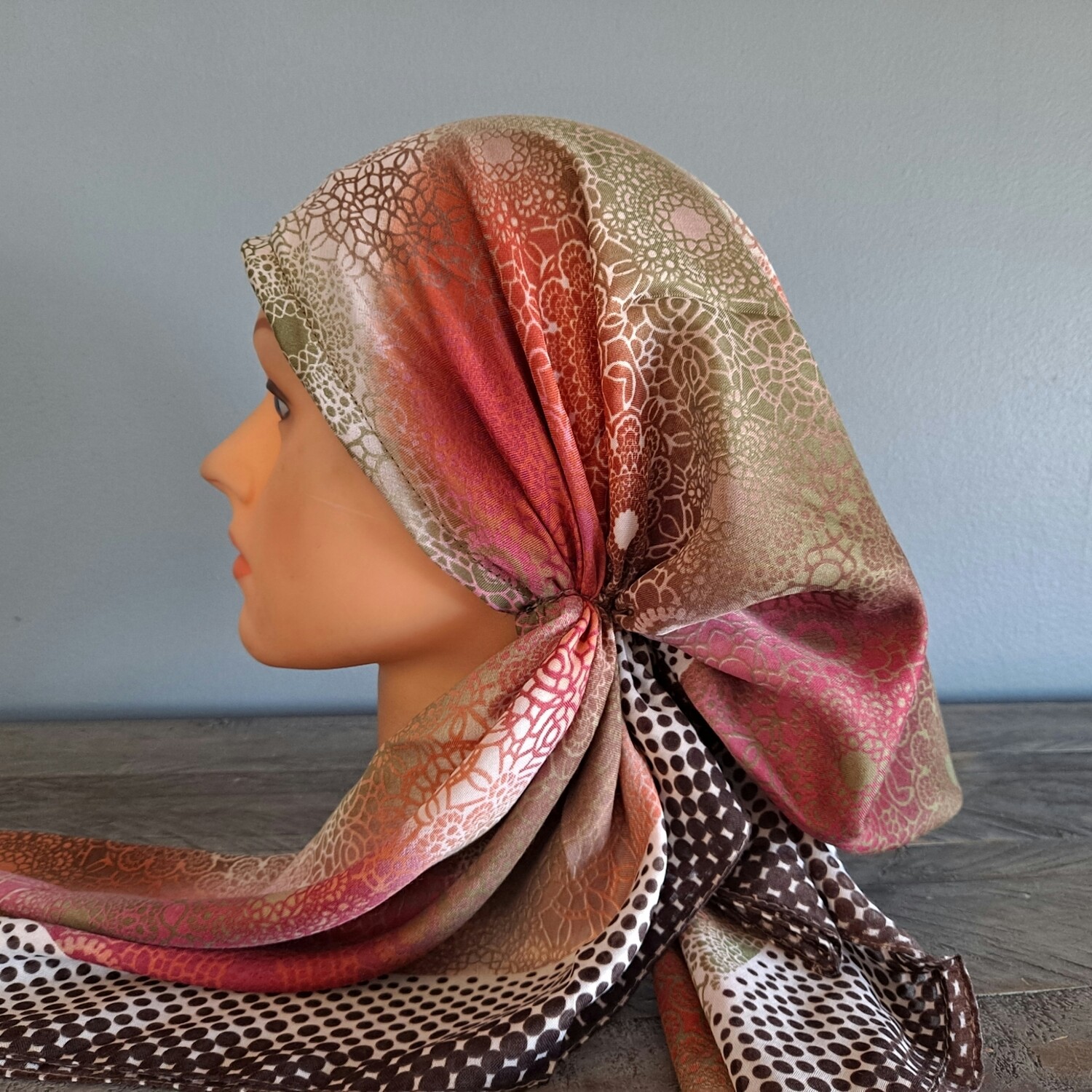 Chocolate - dotted Turkish pretied tichel w/band sewn in (BBS)