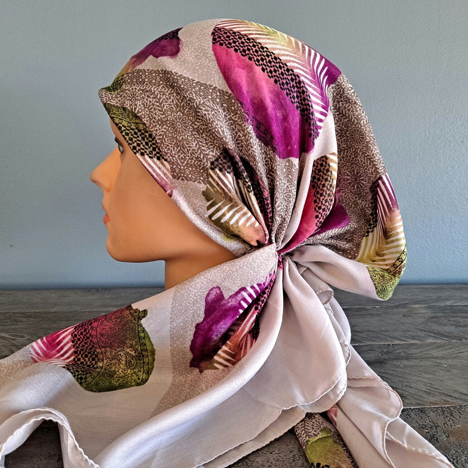 Taupe - bright Turkish pretied tichel w/band sewn in (BBS)