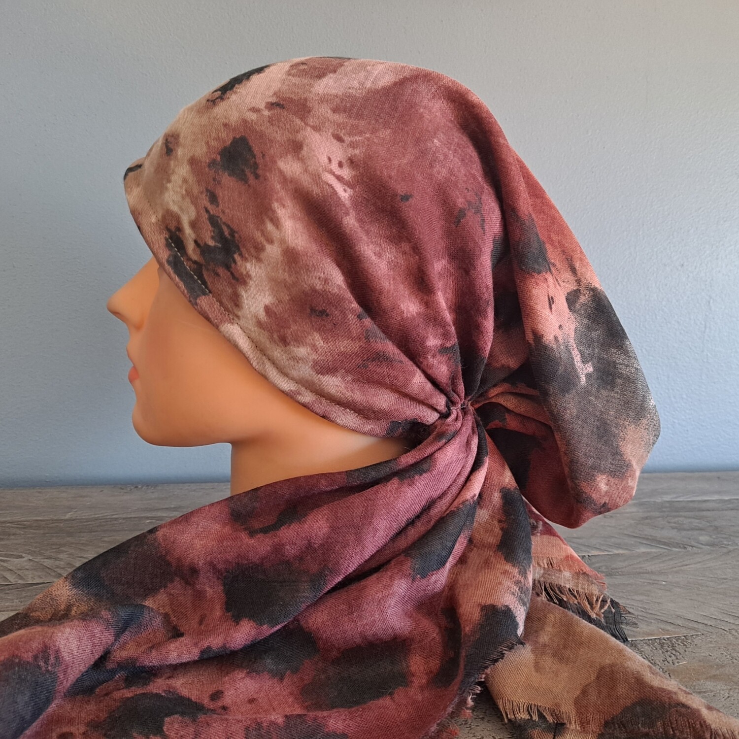 With raspberry multicolored  - soft fringes pretied tichel w/band sewn in (BBS)