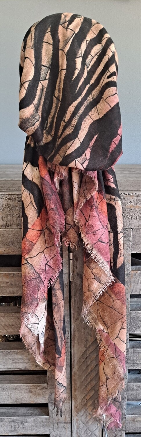 Zebra stripy tan w/orange  - soft fringes pretied tichel