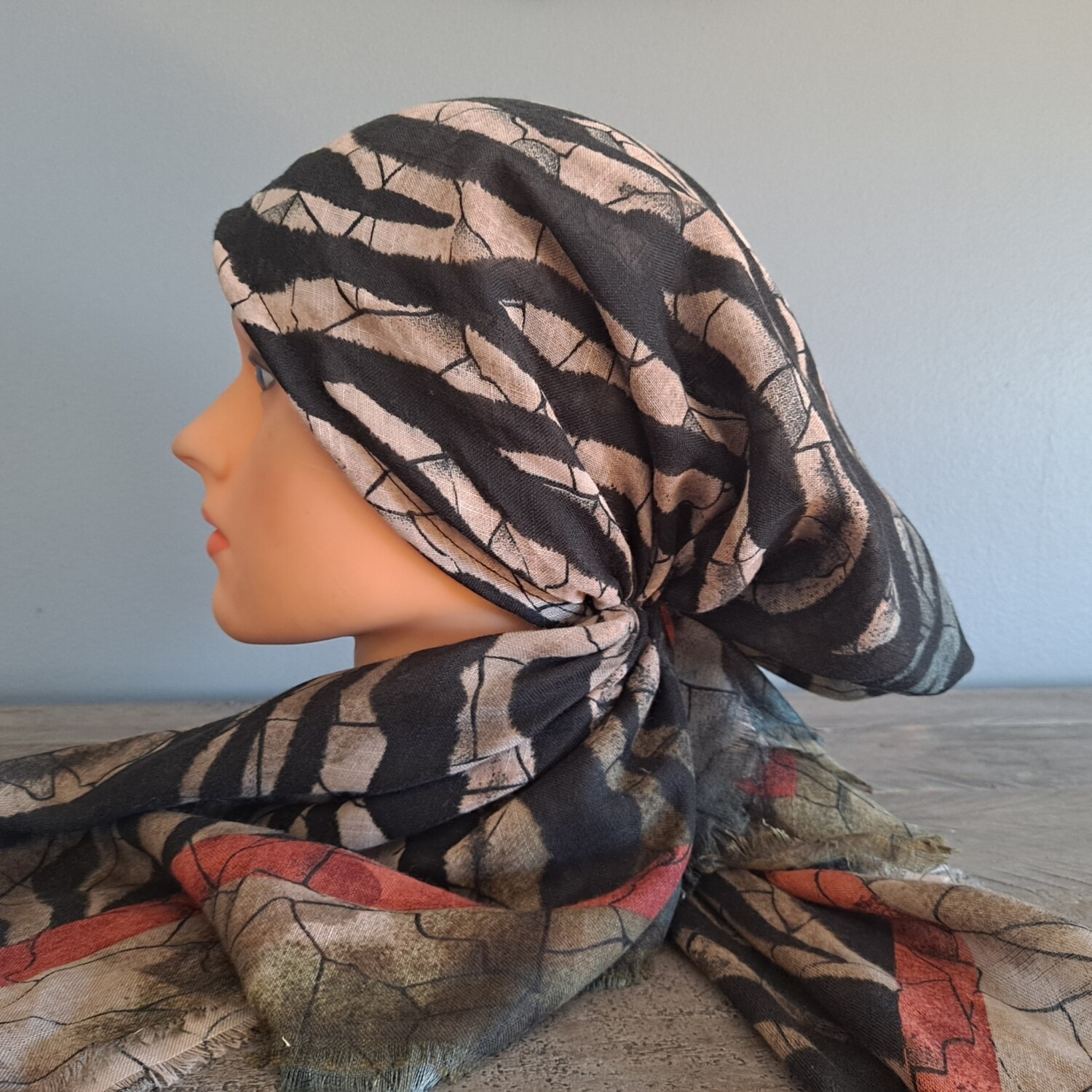 Zebra stripy tan w/olive  - soft fringes pretied tichel