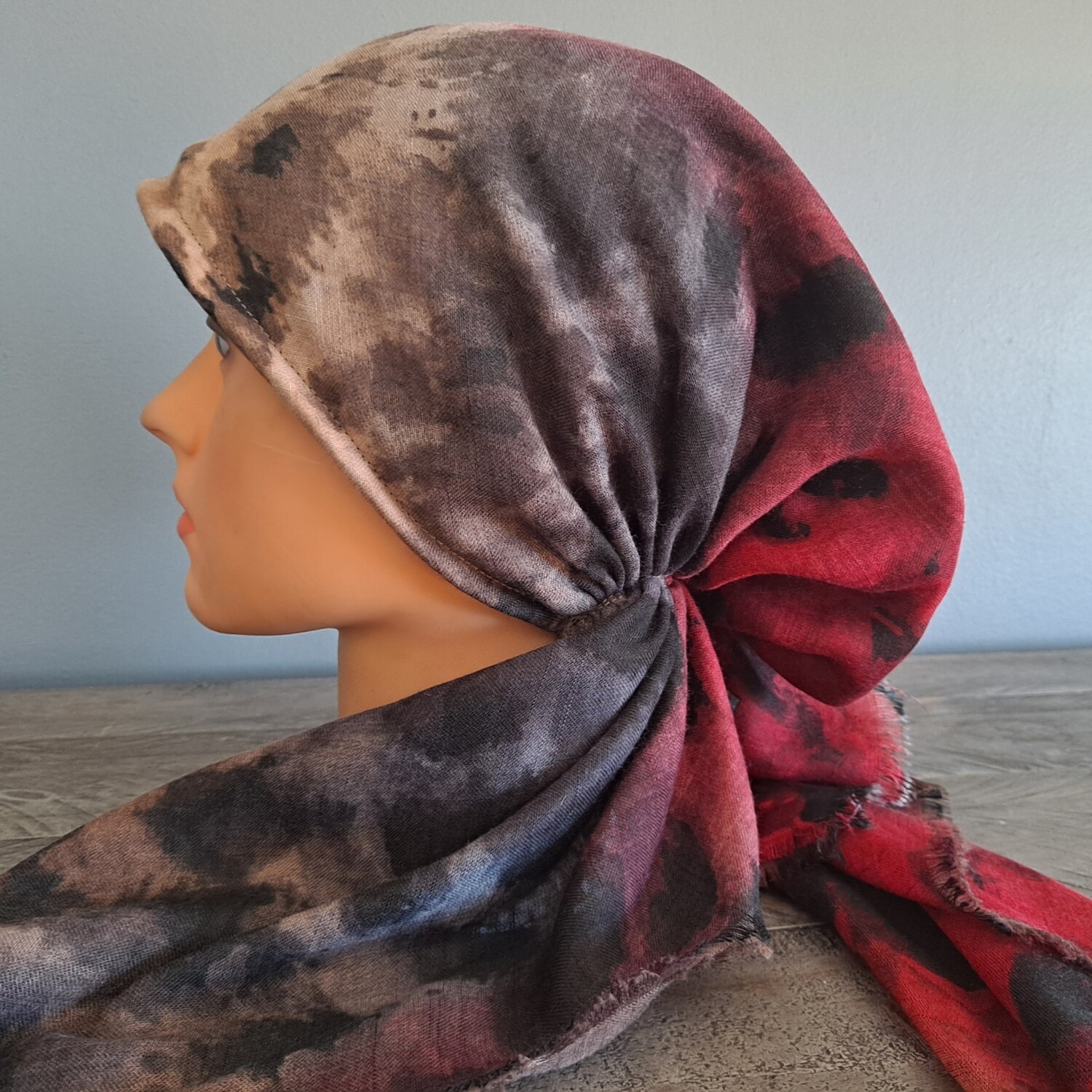 With red multicolored  - soft fringes pretied tichel w/band sewn in (BBS)