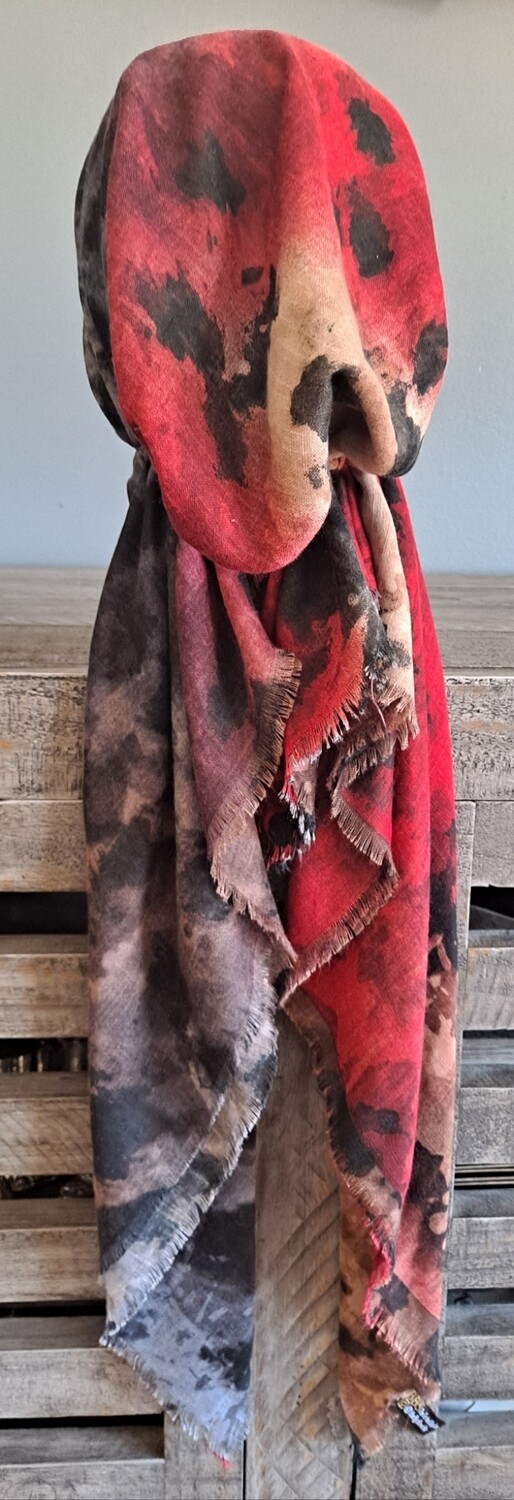 With red multicolored  - soft fringes pretied tichel w/band sewn in (BBS)