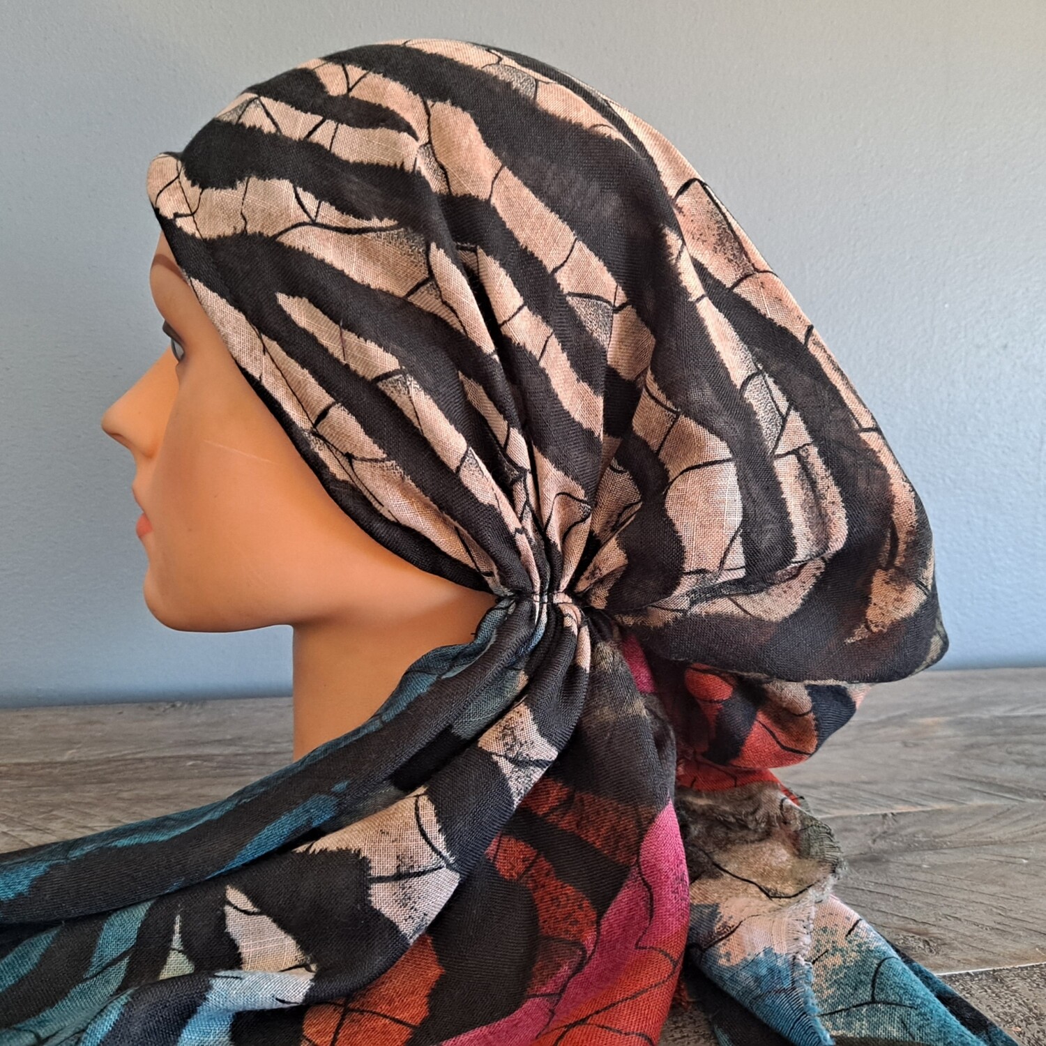 Zebra stripy w/teal  - soft fringes pretied tichel