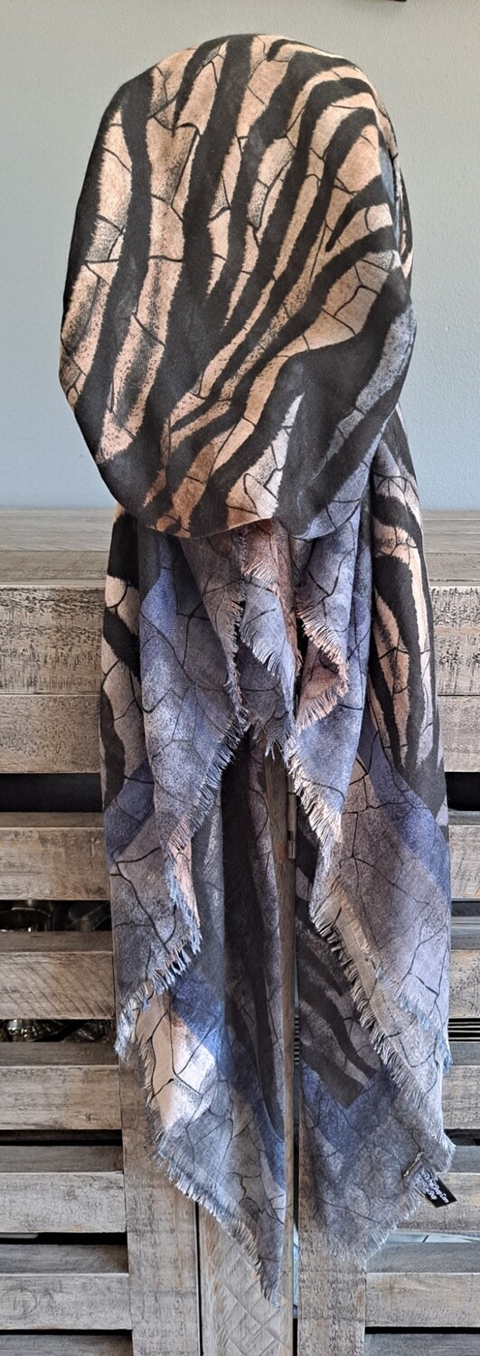 Zebra stripy tan w/blue  - soft fringes pretied tichel