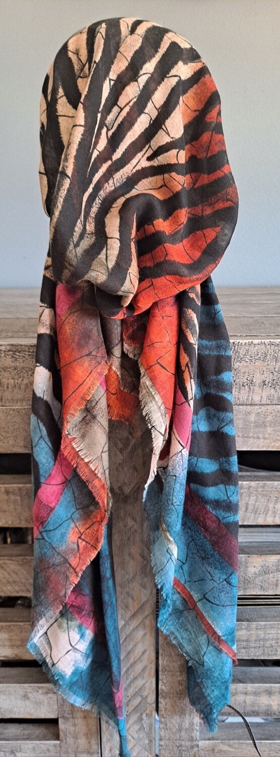 Zebra stripy w/teal  - soft fringes pretied tichel