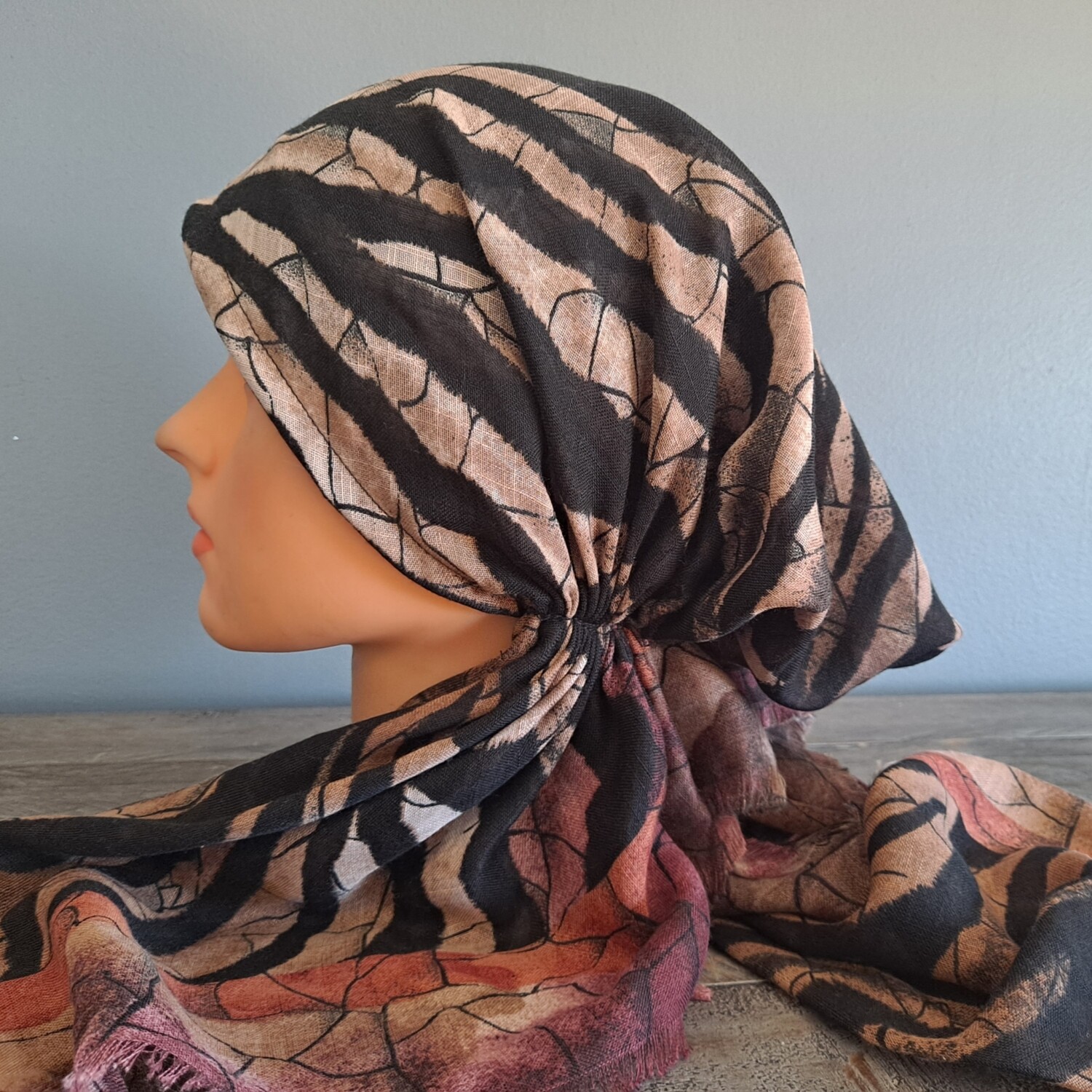 Zebra stripy tan w/orange  - soft fringes pretied tichel
