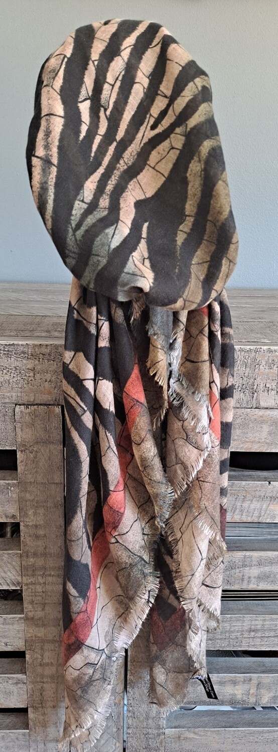 Zebra stripy tan w/olive  - soft fringes pretied tichel