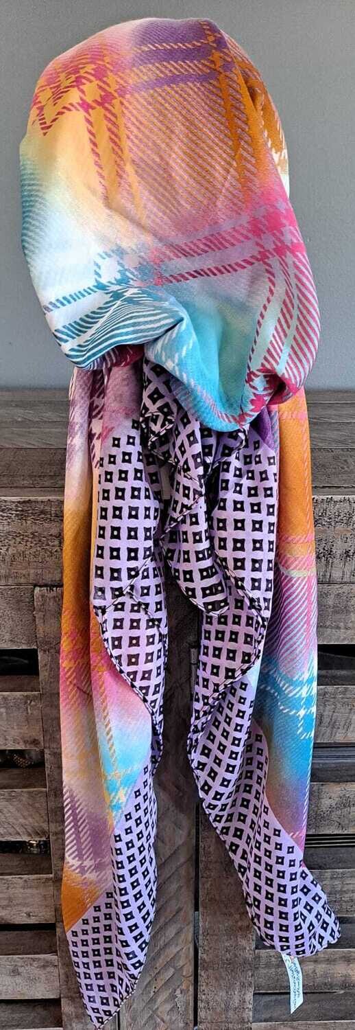 Lavender/colorful - multicolored Turkish pretied tichel w/band sewn in (BBS)