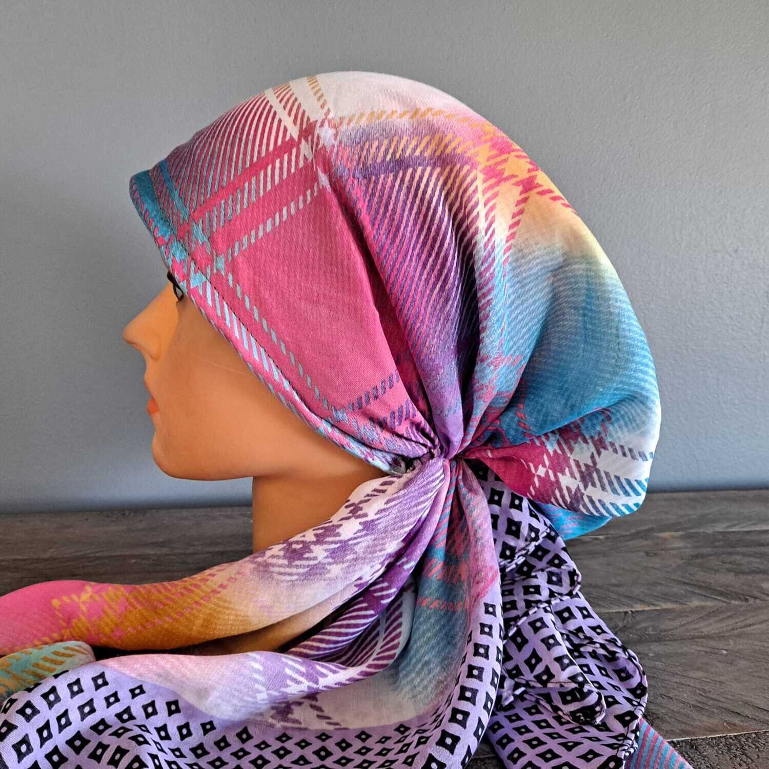 Lavender/colorful - multicolored Turkish pretied tichel w/band sewn in (BBS)