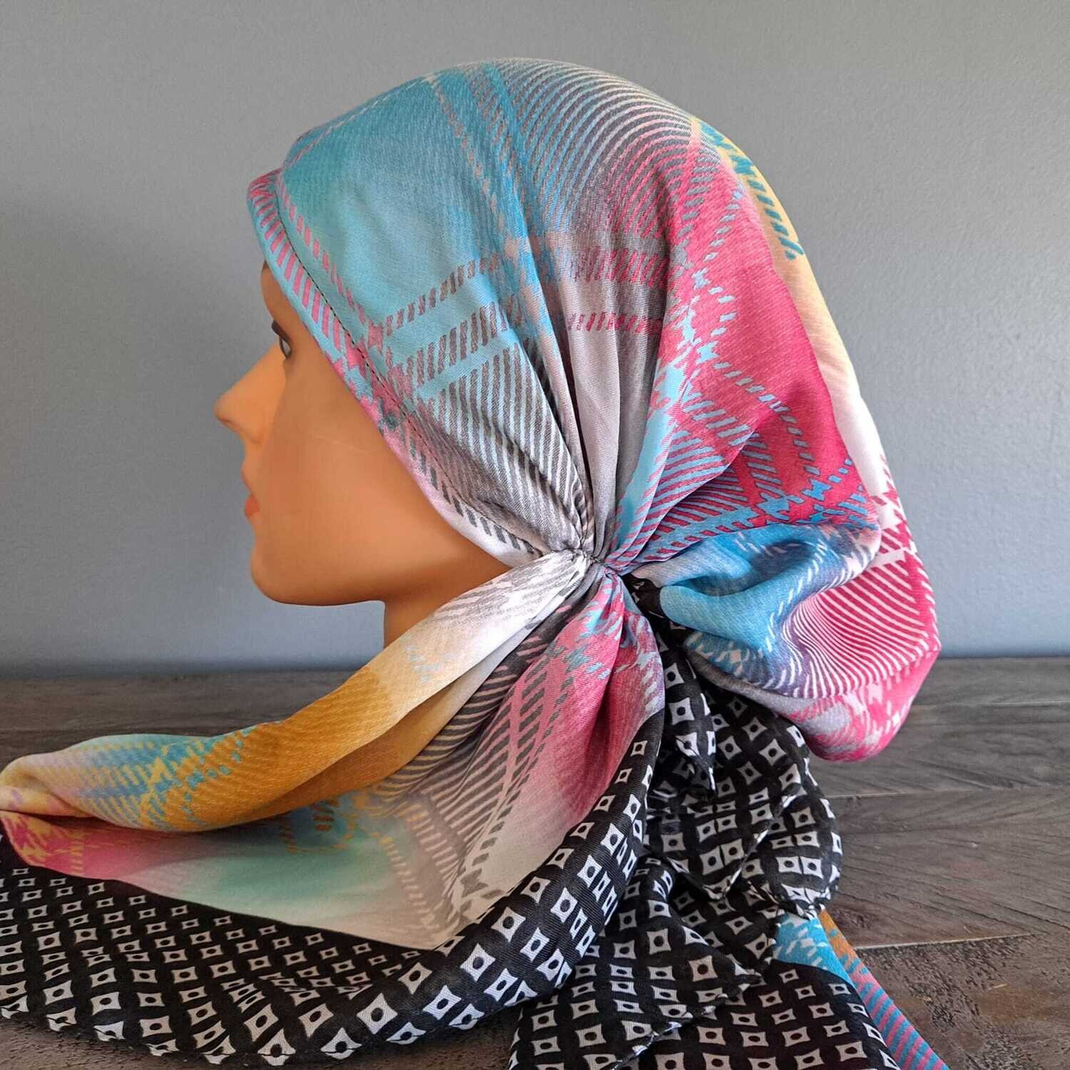 Black/gray - multicolored Turkish pretied tichel w/band sewn in (BBS)