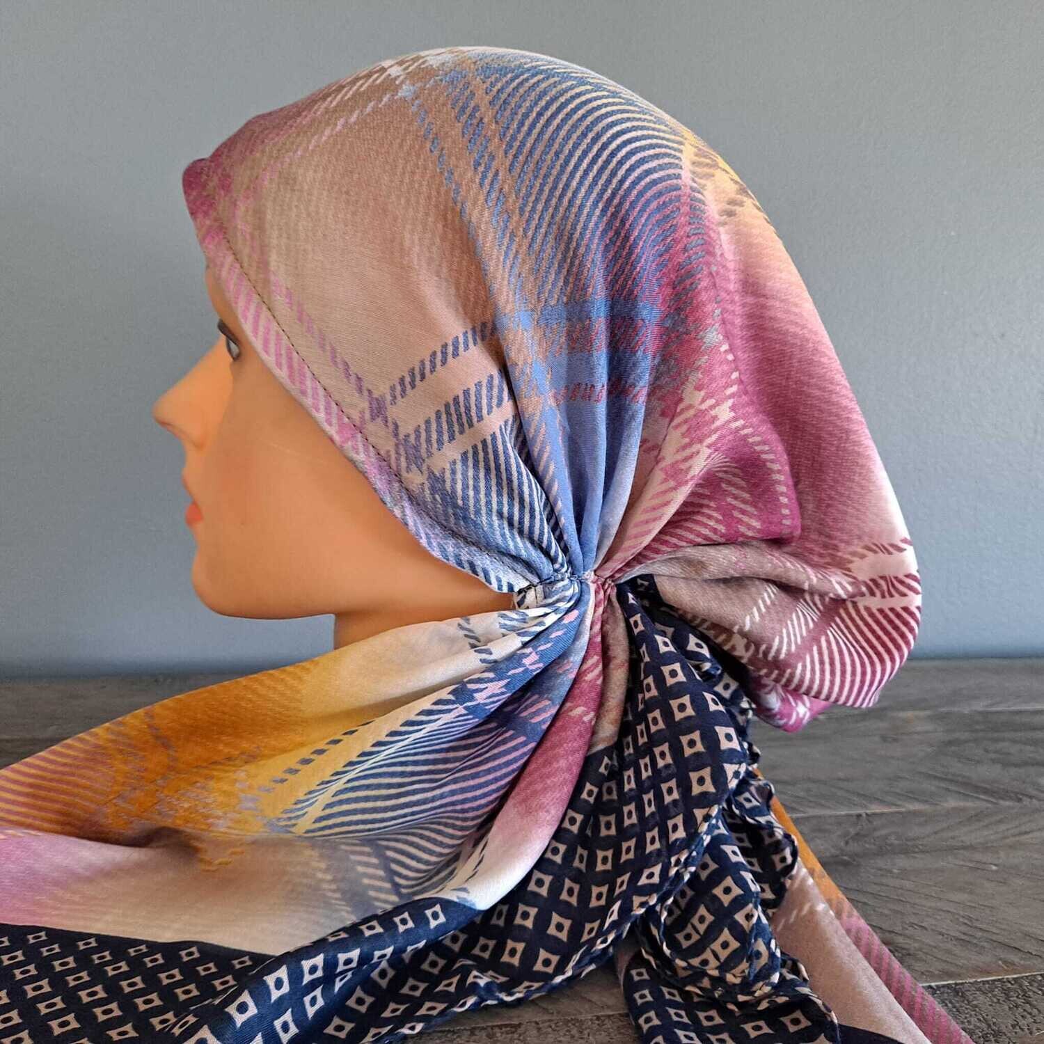 Navy/tan - multicolored Turkish pretied tichel w/band sewn in (BBS)