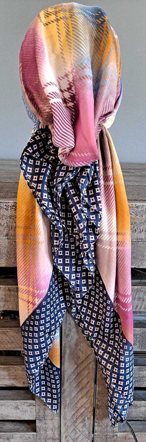 Navy/tan - multicolored Turkish pretied tichel w/band sewn in (BBS)