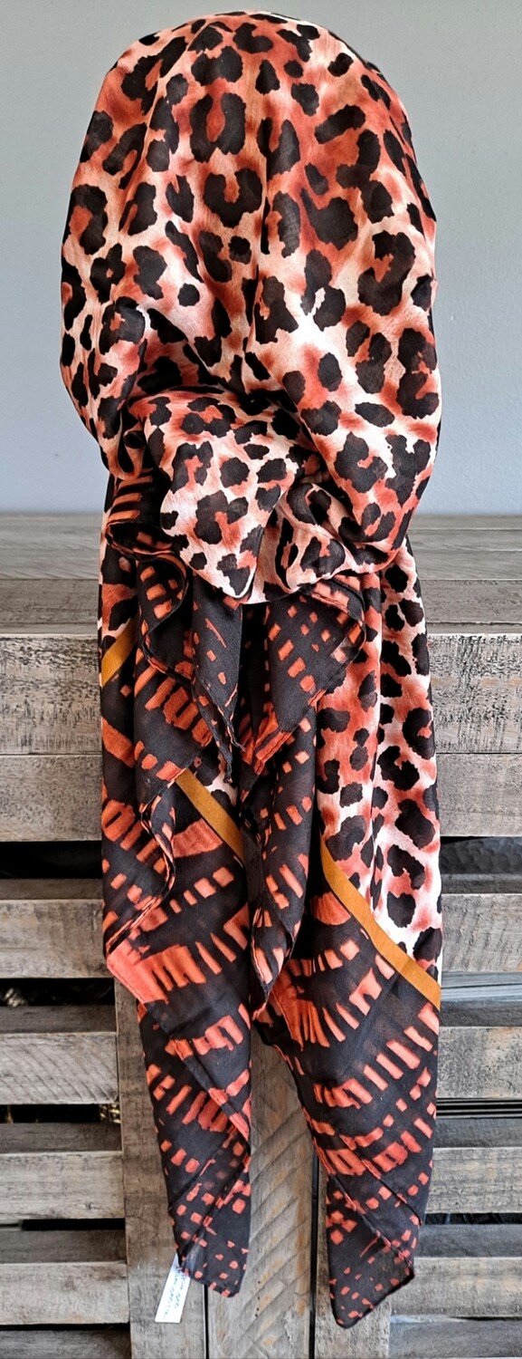Black/copper leopard - bright Turkish pretied tichel w/band sewn in (BBS)